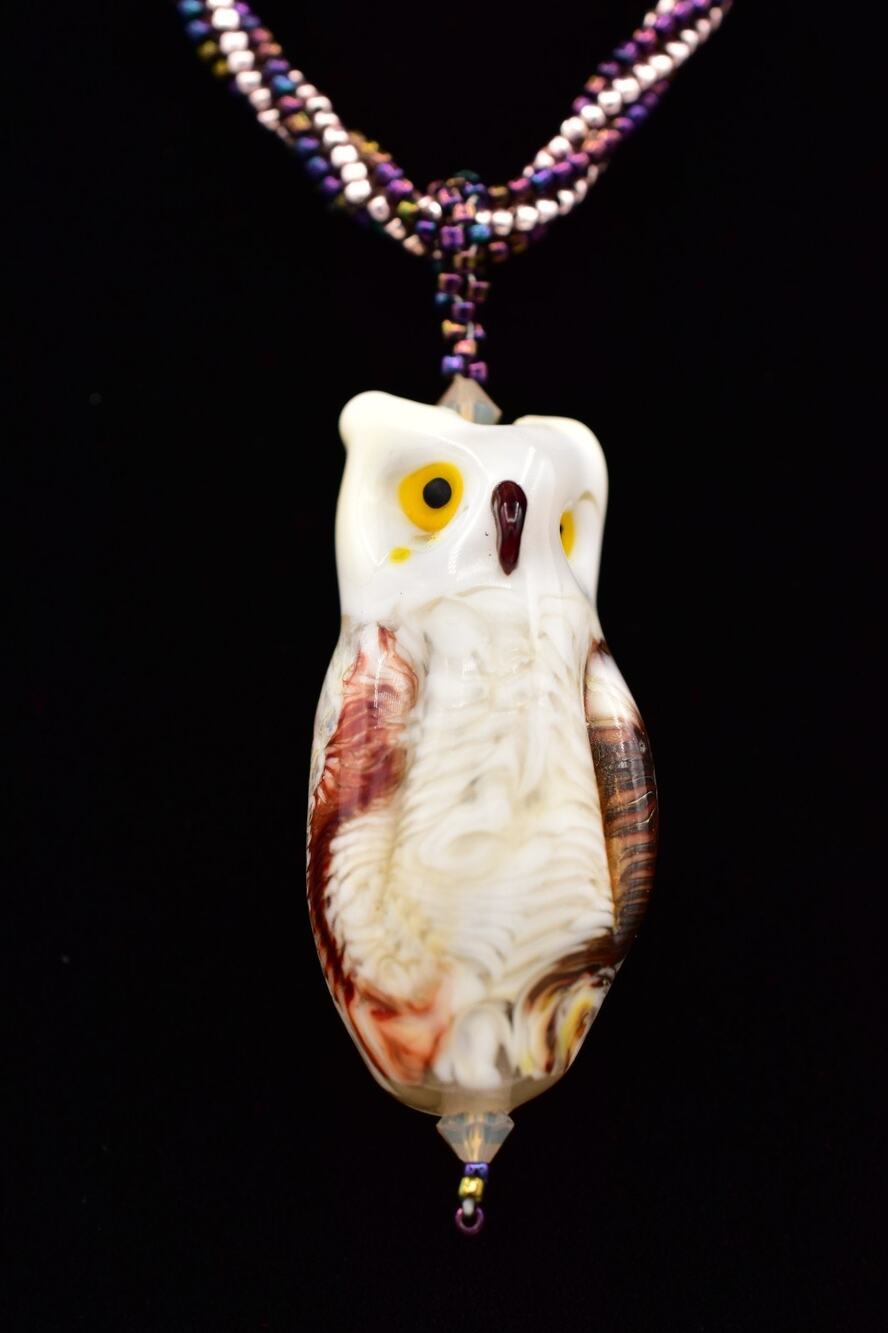 Vintage Owl Pendant Necklace Hand Blown Glass Beaded Purple Artisan BinBC
